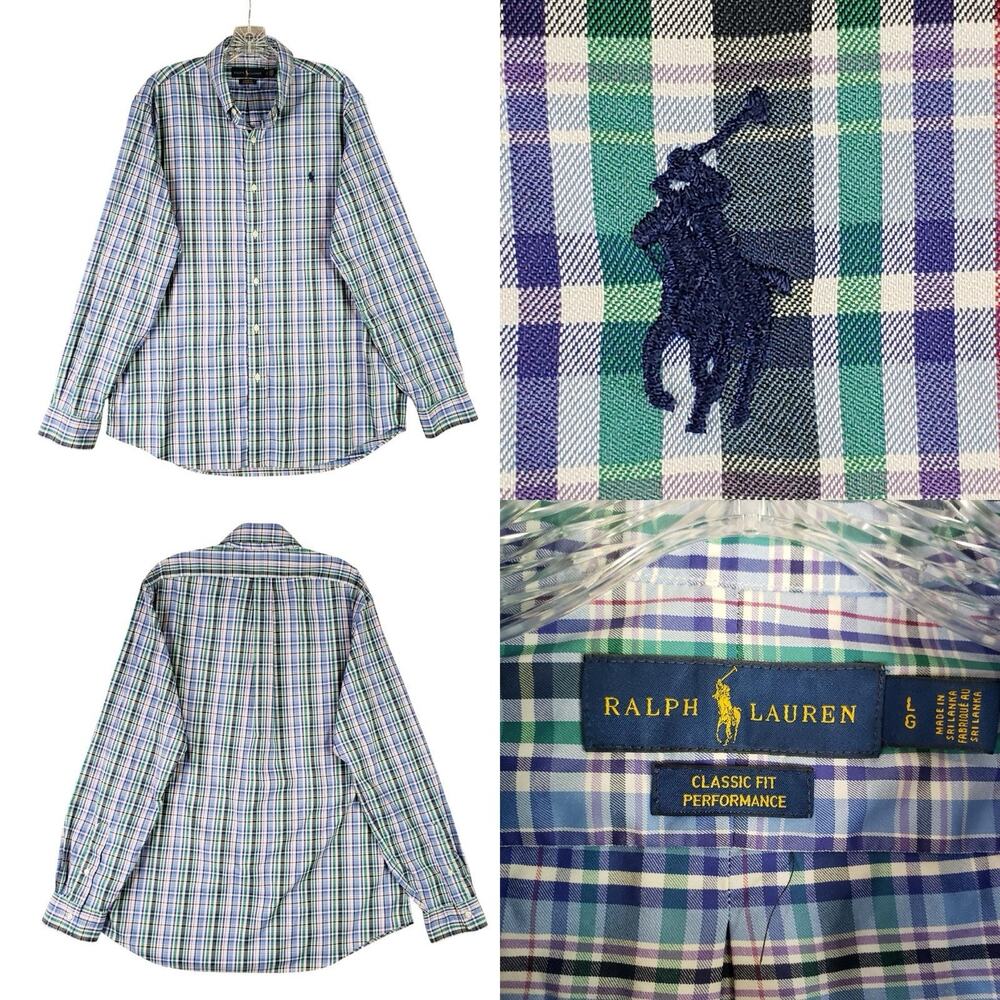 Polo Ralph Lauren Shirt Oxford Men’s Size Large L Blue Green Plaid Button Down